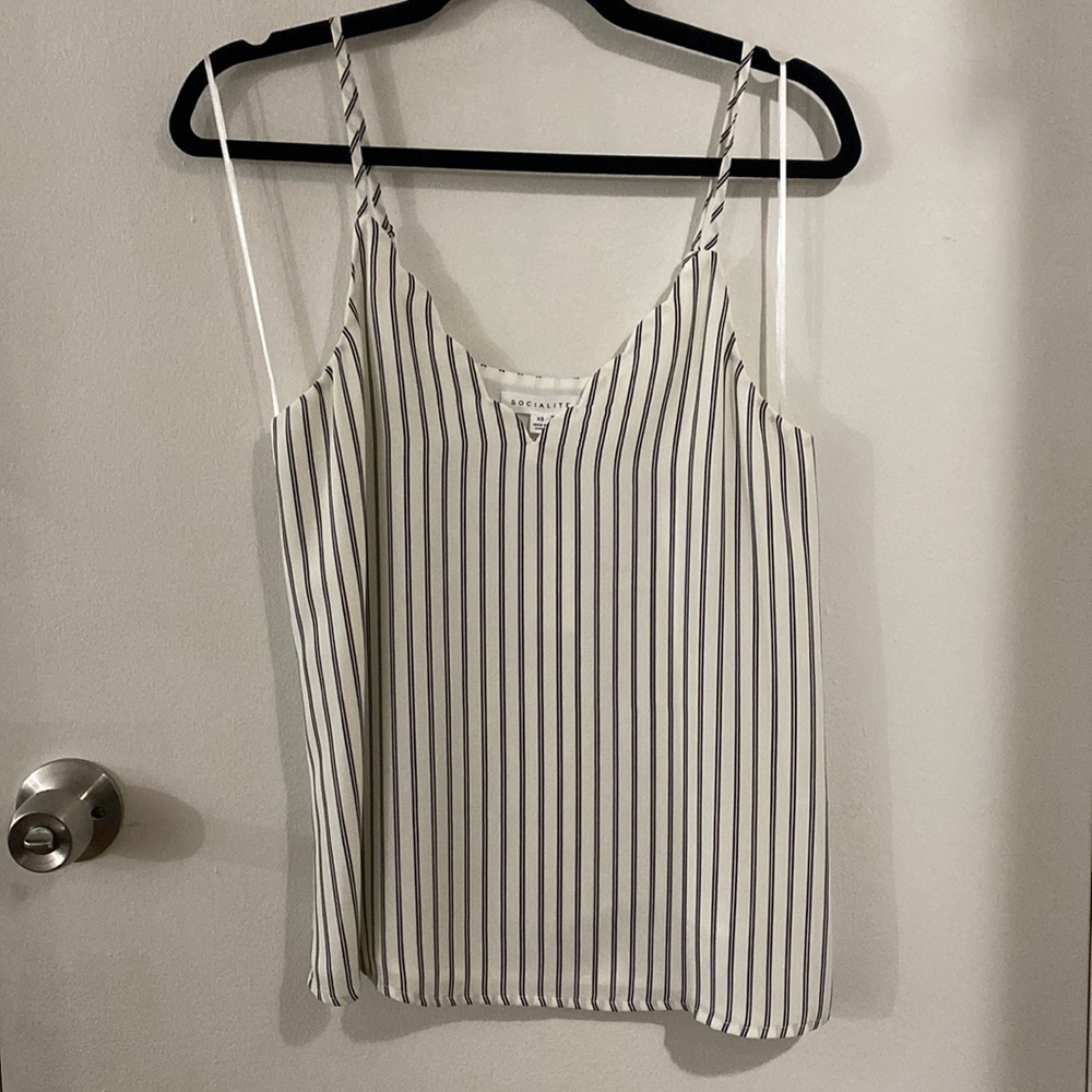 Scalloped V white spaghetti strap- navy or black stripes - adjustable straps